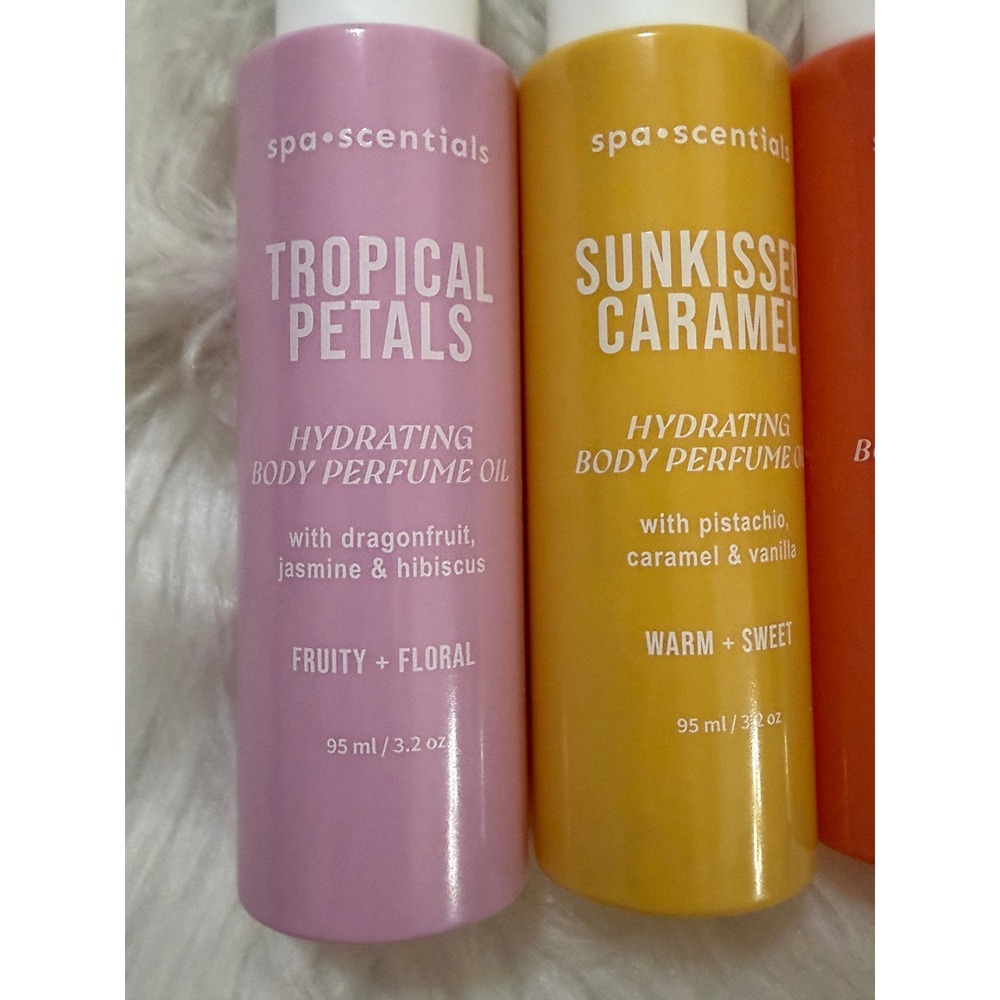 Spa Scentials Hydrating Body Perfume Oil Set 4 Pack Tropical Caramel Coastal Oil - Picture 2 of 10